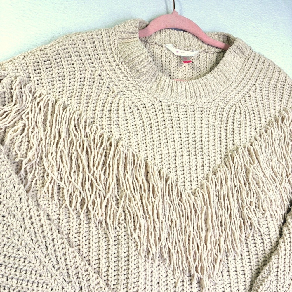 No Boundaries Beige Chenille Fringe Knit Sweater Womens Medium Boho Western Crew